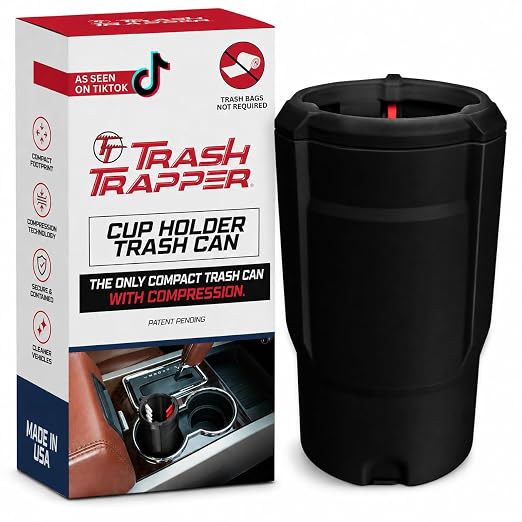 Car Trash Can Cup Holder | Mini Car Trash Can | Fits in Most Doors | 5.1" x 2.9" | Traps More & Empties Less, Patent-Pending Compaction, 250th Anniversary Edition, Black/Red-White-Blue