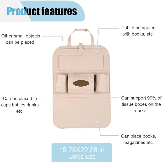 LAINLOY Felt Car Seat Back Organizer, Kick Mats Car Back Seat Protector for Kids, 6-Pocket Storage for Tissue, Box, Pen, Toy, Automobile Road Trip Accessories for SUV, RV, Truck (Beige)