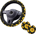 Sunflower Car Steering Wheel Cover - Sunflower Steering Wheel Cover Anti-Slip Breathable 15 Inch Universal 2 Pcs Car Interior Cup Holder Pad for Men Women