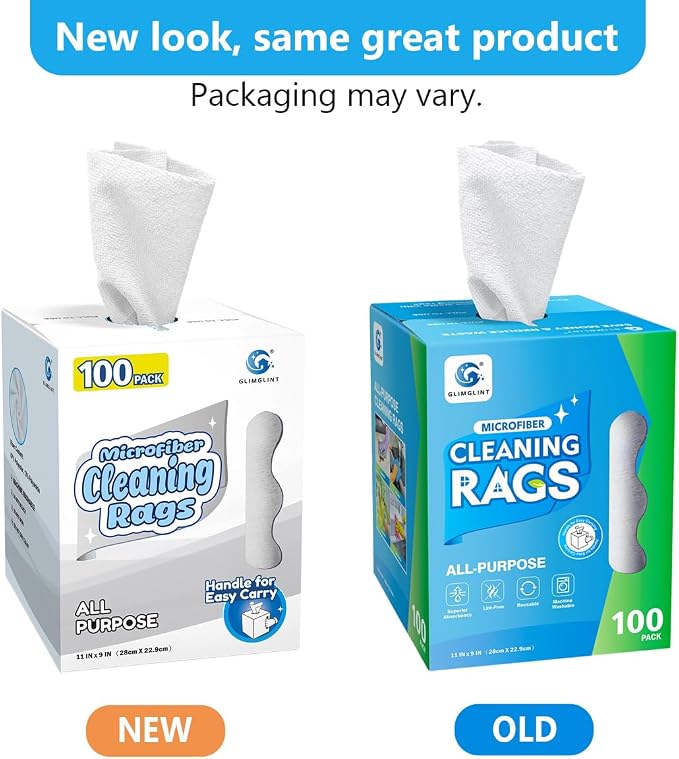 GLIMGLINT White Microfiber Cleaning Cloth, 100 Pack Cleaning Rags, Lint-Free, Ultra Absorbent Reusable Paper Towels for Home, Kitchen, Car, Garage or Shop, Dish Rags, 11" x 9"