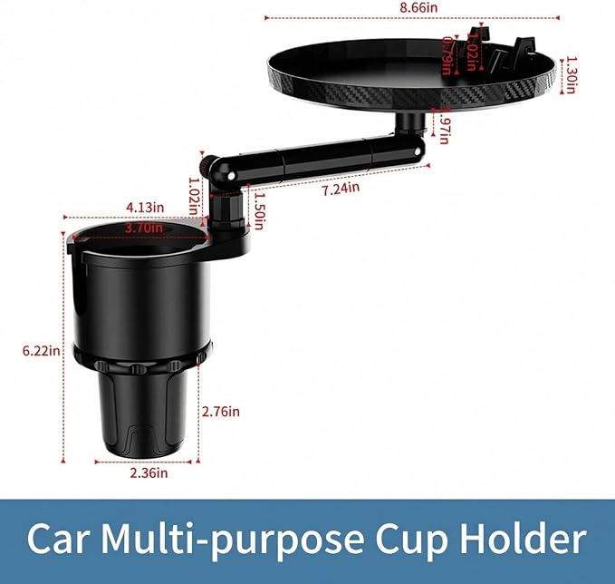 9" Car Cup Holder Tray, Detachable Food Tray Table for Road Trip | Fits Yeti & Hydro Flask, 360° Adjustable, Universal Cup Holder Expander, ABS Build, Phone Slot, Easy Install