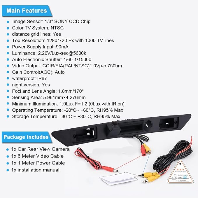 1280 * 720 Pixels Trunk Handle Vehicle Camera Rear View Camera Parking Reverse for Audi A3 8P7 A4 8E A6 4F2 4F5 A5 8T3 A8 4H E0827574C,8E0827574F 8E0827574C3FZ Waterproof Night Vision Back up