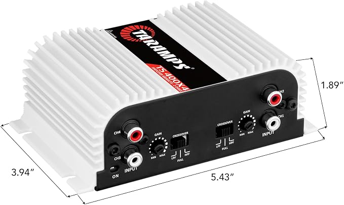 TS 400x4 400 watts RMS 4 Channels Full Range Car Audio Amplifier, 2 Bridged Channels, RCA Input Class D, Output Power, Multichannel Amplifier System, Small - TS400X4