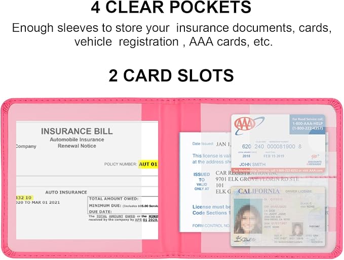Car Registration and Insurance Holder, Vehicle Glove Box Car Organizer Men Women Wallet Accessories Case for Cards, Essential Document, Driver License, Hot Pink