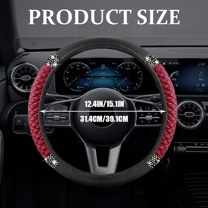 Bling Soft Leather Steering Wheel Cover, Steering Wheel Protector, 15 Inch Rhinestones Car Elastic Protector with Crystal Diamond for Women Girls, Car Accessory for Vehicles (Wine Red)