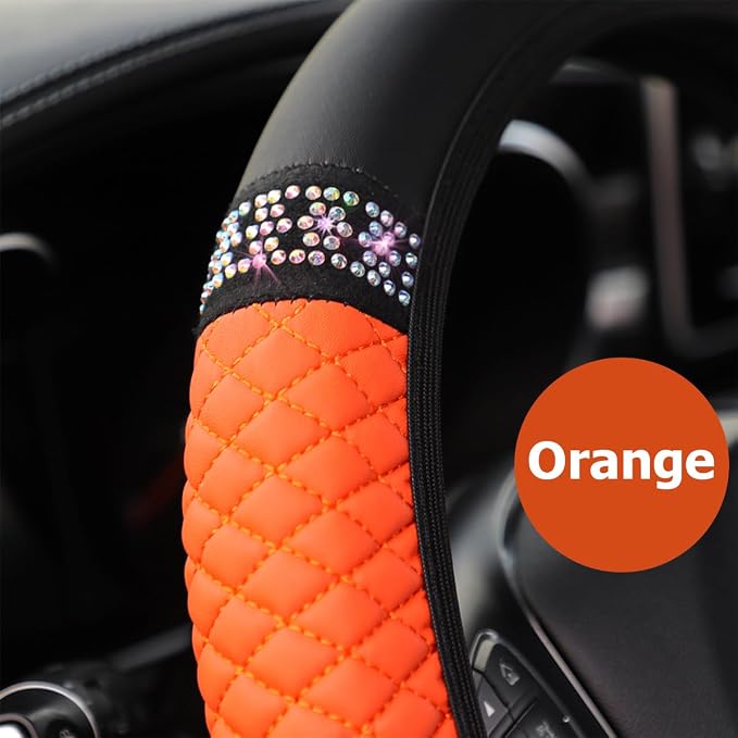 Bling Car Steering Wheel Cover, 15 Inch Rhinestones Soft Leather Elastic Steering Wheel Protector, Sparkly Crystal Diamond for Women Girls (Orange)
