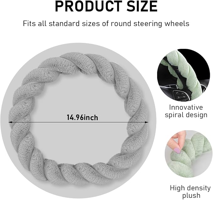 Fluffy Car Steering Wheel Cover, 15 Inches Anti-Slip Round Fuzzy Winter Steering Wheel Protector, Soft Warm Plush Steering Wheel Cover for Women Girls, Car Accessories (Gray, D-Shaped)