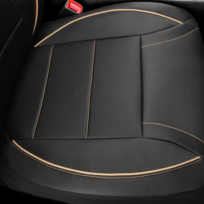 Universal FIT Piping Leather Two Front Seat Covers, Waterproof Faux Leather for SUV Sedan Van Truck, Airbag Compatible,Reserved Opening Holes for Headrest Covers. (Black and Beige)