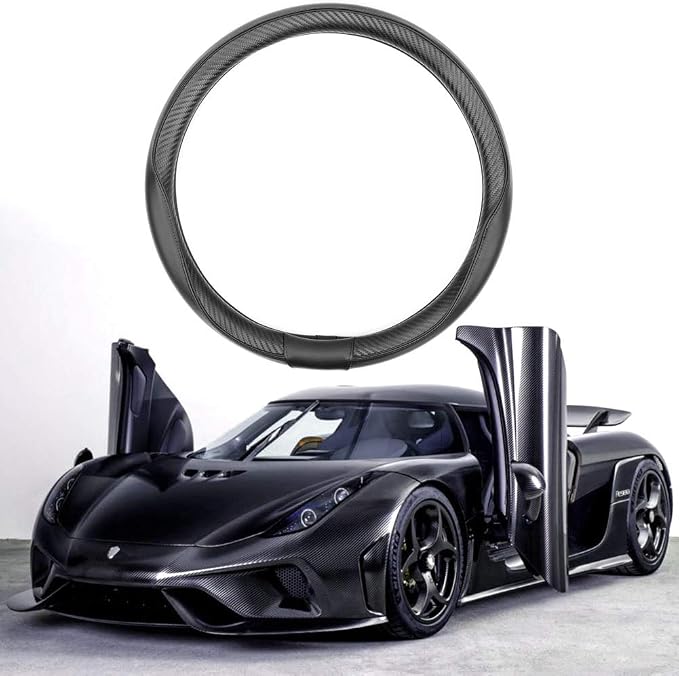 Car Steering Wheel Cover Small-Size for Prius Civic Model 3 Model Y Camaro Rogue with 14"-14 1/4" Outer Diameter Leather with Carbon Fiber Pattern Black