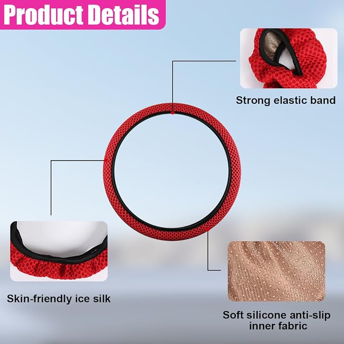 Elastic Stretch Steering Wheel Cover, Anti-Slip, 15inch, Red | Microfiber Odorless Breathable Ice Silk Car Steering Wheel Protector, Easy Carry, Warm in Winter & Cool in Summer