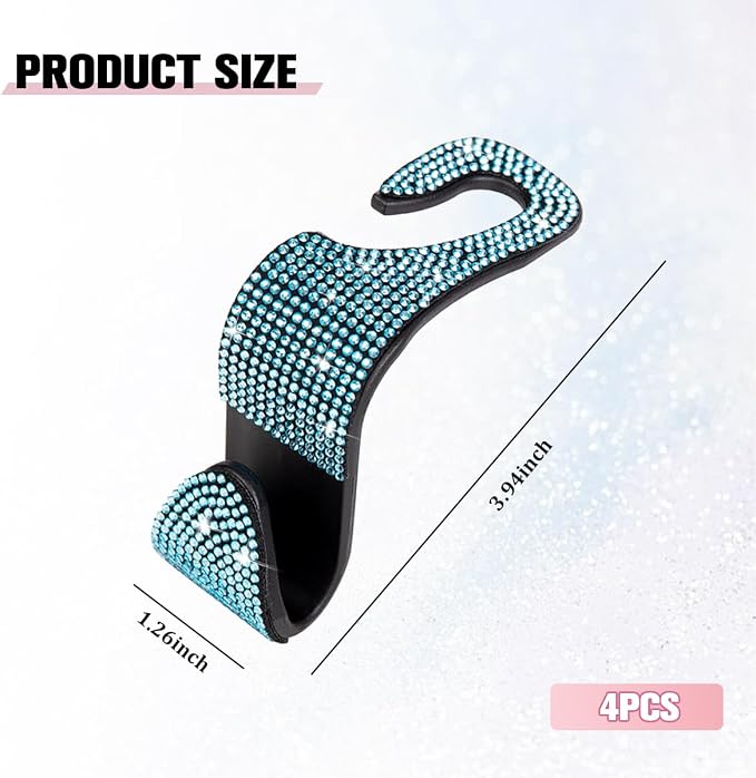 4PCS Bling Car Seat Headrest Hook, Crystal Rhinestone Backseat Hanger Organizer for Purse Handbag Umbrella, Shiny Auto Interior Seat Back Storage Holder Hook, Universal Fit (Blue)