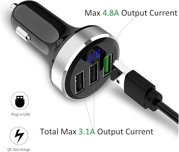 3 USB Car Charger,12V/24V Voltage Meter, Silver | QC3.0 Output 4.8A, Cigarette Lighter Plug Adapter Compatible with iPhone,iPad, Samsung, USB Charging Devices, Silver