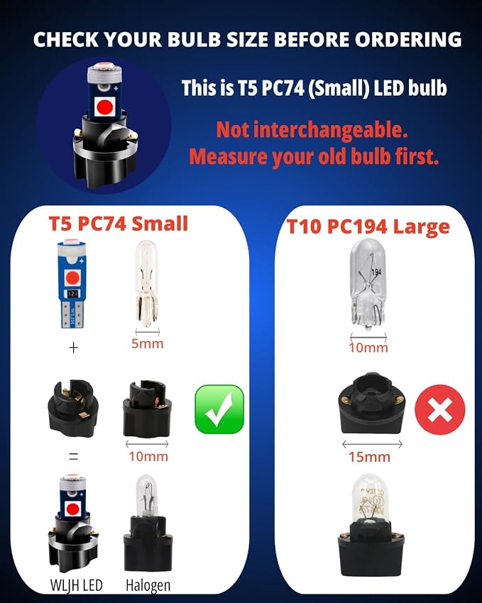 74 Led Bulb Dash Lights Dimmable T5 2721 37 85 286 Wedge PC74 Twist Socket Automotive Instrument Panel Gauge Light Kits Cluster Shift Indicator Interior Bulbs Red Pack of 20