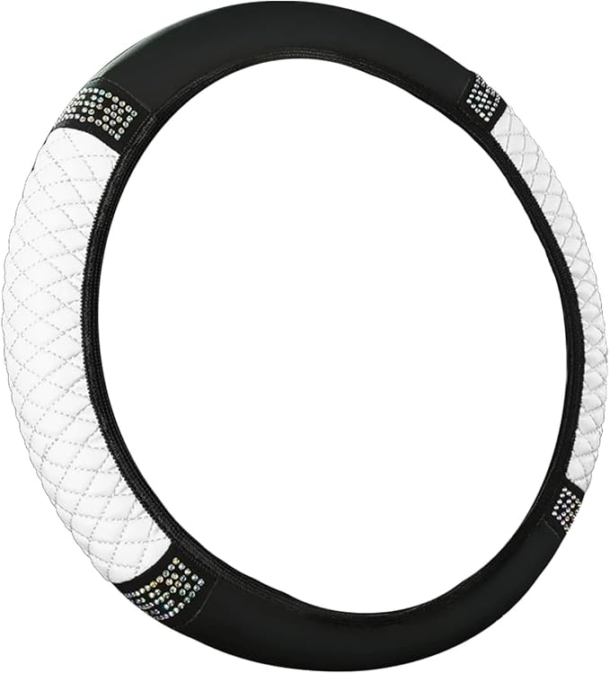 Bling Car Steering Wheel Cover, 15 Inch Rhinestones Soft Leather Elastic Steering Wheel Protector, Sparkly Crystal Diamond for Women, Car Interior Accessories for Most Cars (White)