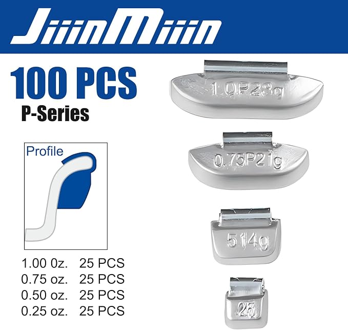 100Pcs P Type Uncoated Lead Clip on Wheel Weights Assortment, 0.25oz, 0.5oz, 0.75oz, 1.0oz, 25Pcs for Each Style,Used for Passenger Cars, Light Trucks, SUVs, Vans, and Full-Size Pickups