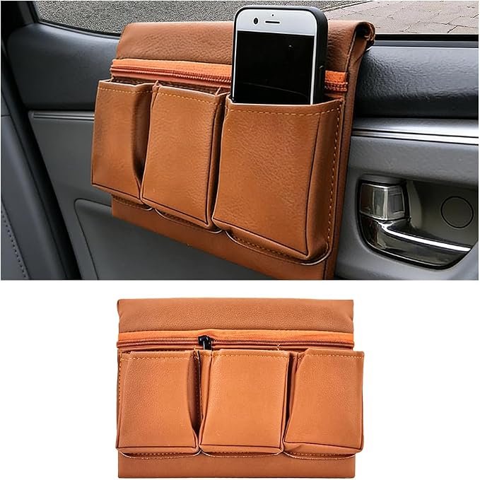 Car Window Armrest Storage Box, Leather Automotive Side Door Arm Rest Pad Organizer with Multiple Pocket, Multifunctional Vehicle Armrest Elbow Pad Storage Bag, Universal Fit (Brown)