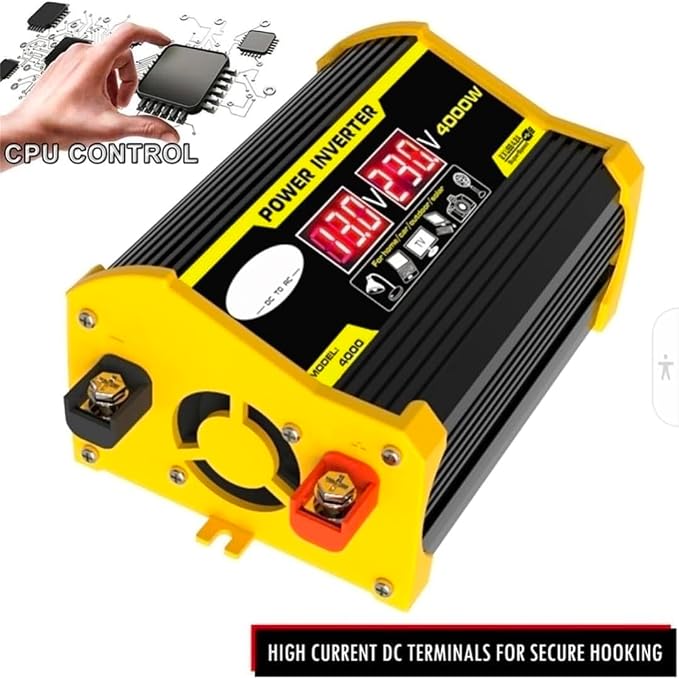 High-Power 4000W DC to AC Power Inverter – 12V to 110V/220V Converter with Dual USB Ports, Universal AC Outlet, LED Display for Cars, Trucks, RVs, and Home Backup (Yellow, 220V)