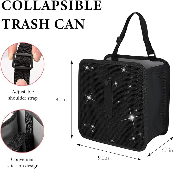 Car Foldable Trash Can, Bling Rhinestone Oxford Garbage Container Hanging Waterproof Organizer, Mini Crystal Dustbin Waste Basket Leakproof Trash Bin for Car Office Kitchen (Black)