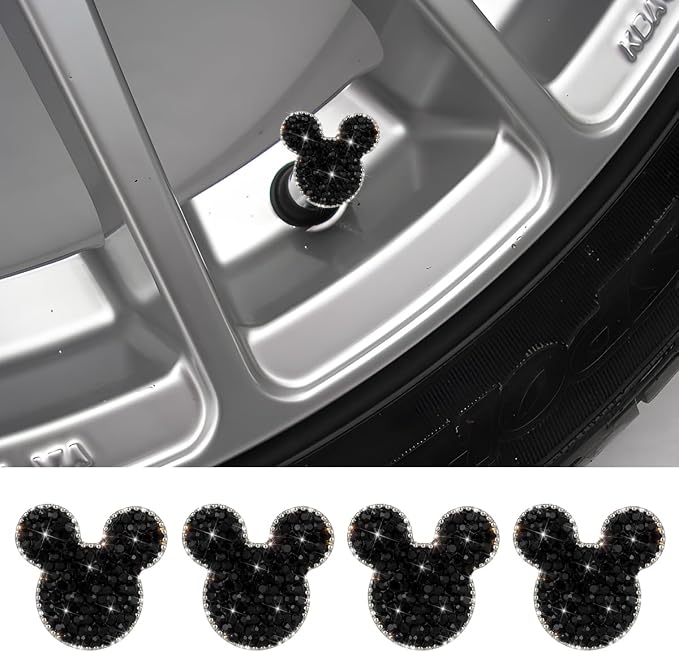 Bling Car Tire Valve Stem Caps, 4PCS Dustproof Crystal Rhinestone Cartoon Mouse Design, Sparkling Attractive Auto Wheel Decoration Accessories, Universal Fit (Black)
