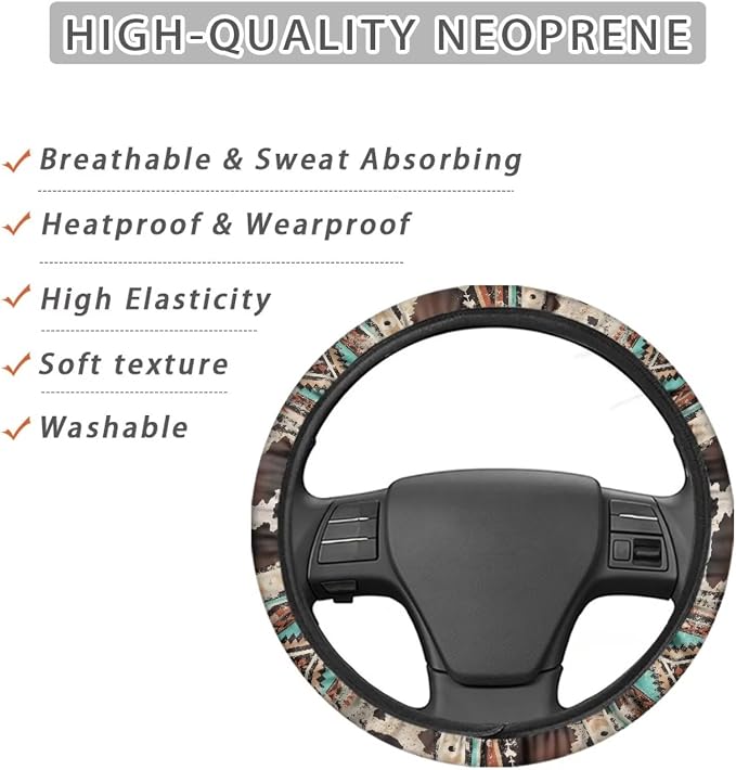 Aztec Brown Cow Print Retro Auto Car Steering Wheel Cover for Women Men, Universal 15 Inch Soft Elastic Anti-Slip Easy to Install Car Accessories