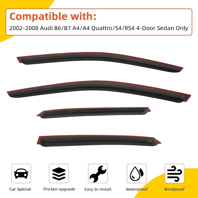 Rain Guards Compatible with 2002-2008 Audi B6/B7 A4/A4 Quattro/S4/RS4 4-Door Sedan Tape-On Side Window Visor Wind Deflector Vent Visors Car Accessories