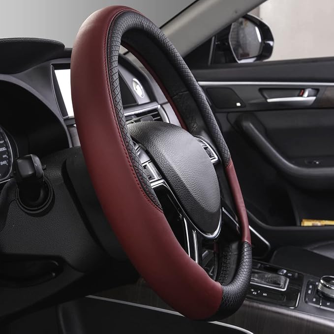 Rhombus Leather Universal Steering Wheel Cover, Fit for Suvs,Trucks,Cars,Sedans,Vans (Black&Burgundy)