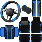 10 Pcs Car Floor Mats Full Set & Sport Leather Steering Wheel Cover 14.5-15 inch, Center Console Cover, Seat Belt Cushion, Cup Holder Coaster, Universal Automobile Interior Sets (Blue)