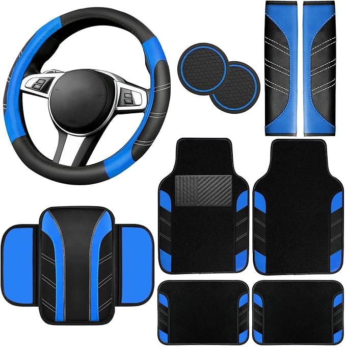 10 Pcs Car Floor Mats Full Set & Sport Leather Steering Wheel Cover 14.5-15 inch, Center Console Cover, Seat Belt Cushion, Cup Holder Coaster, Universal Automobile Interior Sets (Blue)
