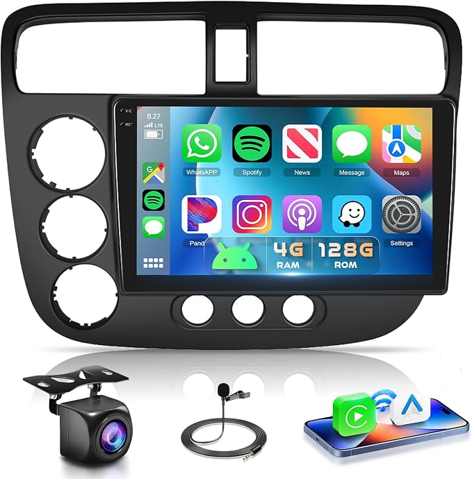 4G+128G Car Radio for Honda Civic 2001-2005 Stereo 9 inch in-Cell Touch Screen Wireless CarPlay/Android Auto Android 15 Bluetooth DSP FM/RDS GPS WiFi SWC AHD Backup Camera