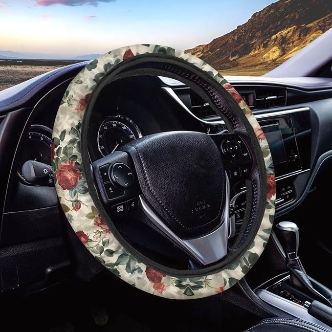 Car Steering Wheel Cover Retro Rose Red Yellow Pattern Easy to Install Car Wheel Cover Protector Car Decoration Steering Wheels Accessories for Van Car SUV Truck