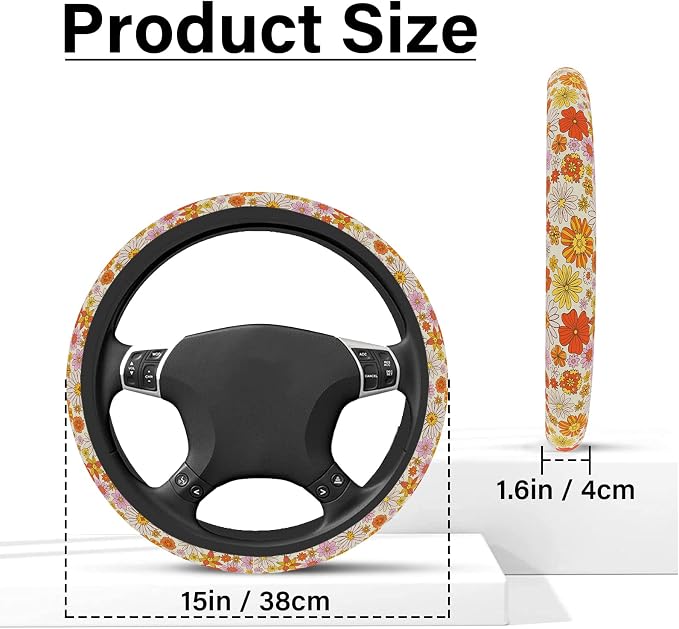 Colorful Daisy Steering Wheel Cover, Orange Floral Print Steering Wheel Cover Protector for Women, Ultra-Thin with Personalized Pattern Design, for Steering Wheel with a Diameter of 14.5"-15"