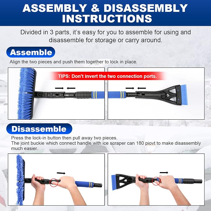 2Pack Ice Scrapers for Car Windshield, 2-in-1 Snow Scraper and Snow Brush for Car SUV Truck, Car Ice Windshield Scraper for Ice and Snow with 360° Pivoting Brush and Ergonomic Foam Grip Blue