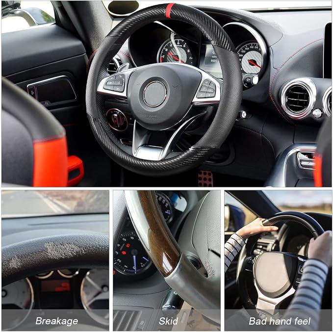 Moly Magnolia Carbon Fiber Steering Wheel Cover, Universal 15 inch Breathable Anti Slip, Black, Leather & Carbon Fiber, Truck & SUV, Automotive Steering Wheel Covers