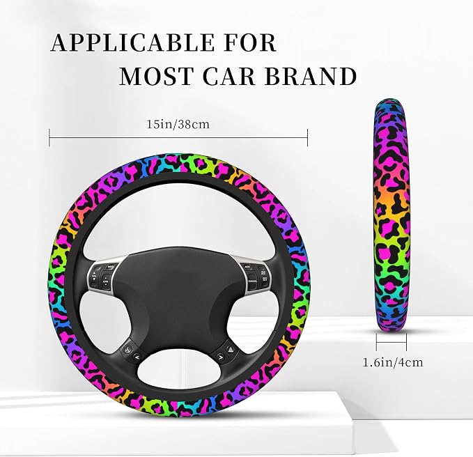 Rainbow Leopard Steering Wheel Cover,Cheetah Spots Elastic Non-Slip Steering Wheel Protector,Auto Interior Decor for Women Girls,Universal 15" Fit for Sedans,Trucks