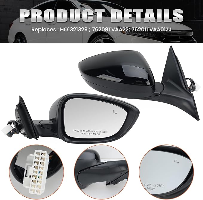 Right Passenger Side Mirror Compatible with 2018-2022 Honda Accord LX Sport Power Glass | Heated | with Blind Spot | Manual Folding Repalces HO1321329 (7Pins-Black)