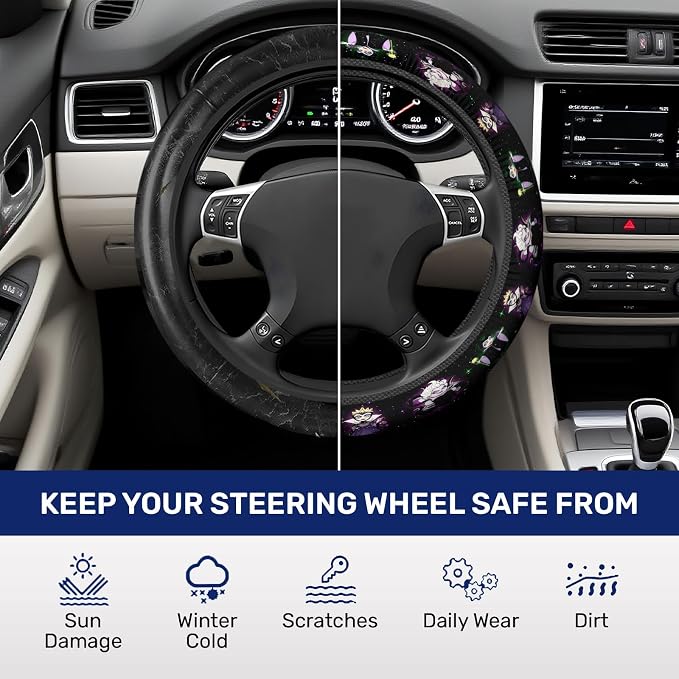 Purple Dark Fantasy Steering Wheel Cover, Polyester Non-Slip Car Wheel Grip, Universal 15 Inch Auto Accessory