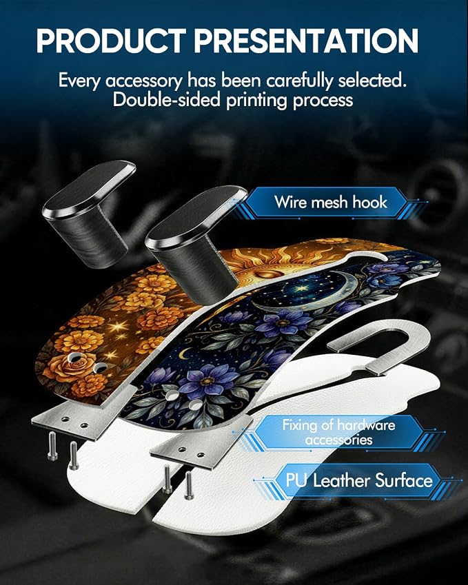 Purse Holder for Car, 2 Pack Heavy Duty Purse Hanger for Car, PU Leather Car Seat Hooks for Purses and Bags, Cute Sun Moon Headrest Organizer for Handbags & Backpacks