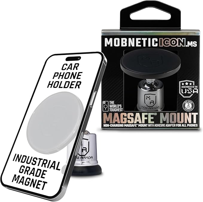 MobNetic Icon.MS MagSafe Compatible Phone Mount, Magnetic Phone Holder for Car w/ 90lb Pull Force, 90º Tilt & 360º Rotation, Aluminum Build, Compatibility for iPhone & Android (Chrome)