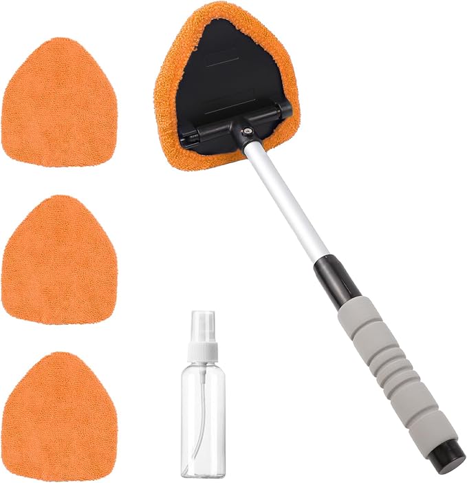 Car Windshield Cleaning Tool, Car Windshield Window Cleaner, Auto Window Glass Cleaning Kit with Extendable Handle & Reusable Microfiber Pad & Spray Bottle, Universal Car Accessories (Orange)