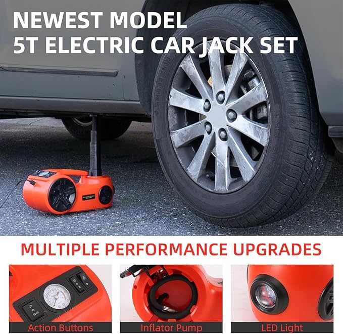 Upgraded Electric Hydraulic Car Jack Kit 5 Ton 12V Portable Lift Range 20.9 Inch with Impact Wrench and Tire Inflator Pump for SUV Sedan Truck Repair Floor Jack for Tire Change with LED Light