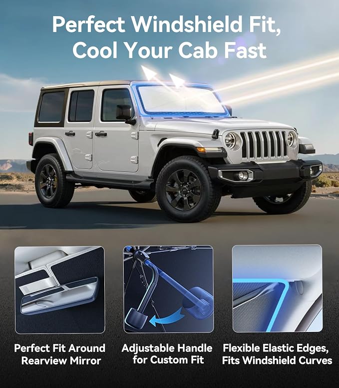 Windshield Sun Shade Umbrella for All Jeep Wrangler & Gladiator - [Vinyl Coating Heat Shield] Protect Car from Sun Rays & Heat Damage Keep Cool and Protect Interior, Spring Structure Edge