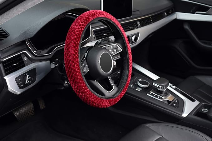 Elastic Short Microfiber Plush Steering Wheel Cover for Winter Warm, Universal 15 inch, Anti-Slip, Odorless, Wine Red