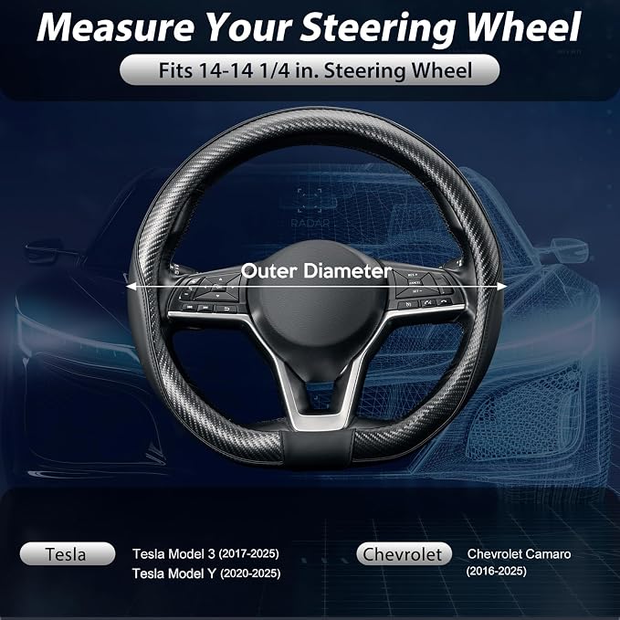 Flat Bottom Steering Wheel Cover, D Shaped Car Wheel Cover 14-14 1/4 in. (35.5-36 cm), for Tesla Model 3 / Y, for Camaro, Black Microfiber Leather with Carbon Fiber Pattern