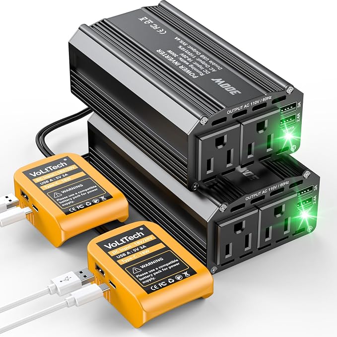 VoLtTech 300W Power Inverter 18V to 110V Compatible with Dewalt 20V, Battery Inverter DC Charger Adapter with 2 AC Outlet & 2 USB Port for Vehicles, Laptop, Computer, Phone, Fan(No Battery)(2 Pack)