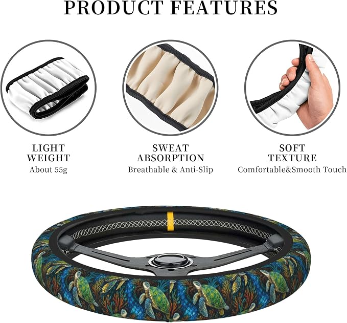 Sea Turtle 3-Pc Car Set : Steering Wheel Cover + 2 Cup Coasters | neoprene Non-Slip, Breathable Elasticity Universal Fit 14.5-15.6 Inch for Cars/Trucks/SUV - Car Interior Decoration
