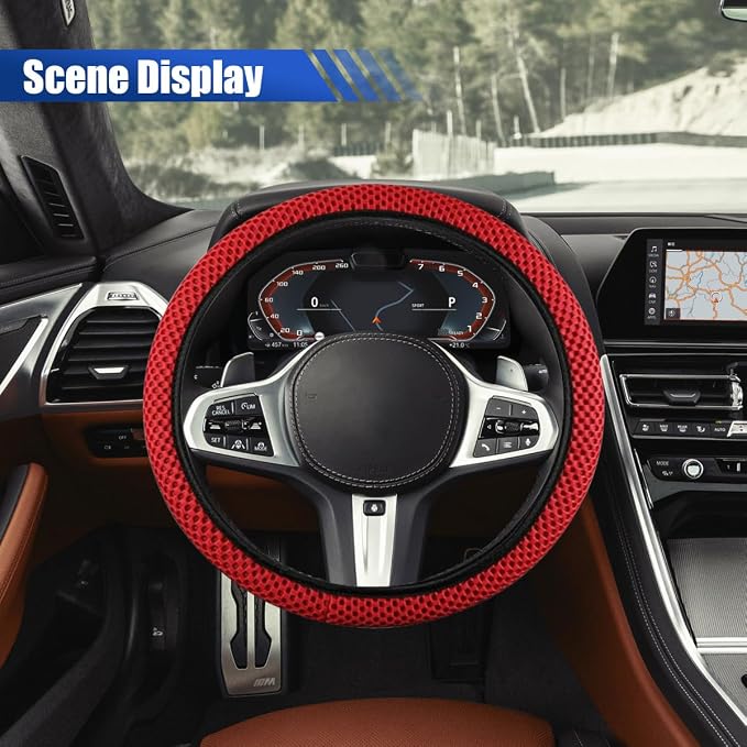 Elastic Stretch Steering Wheel Cover, 15" Breathable Microfiber Ice Silk Steering Wheel Protector, Universal Anti-Slip Car Warm in Winter&Cool in Summer Accessories for Men Women (Red)