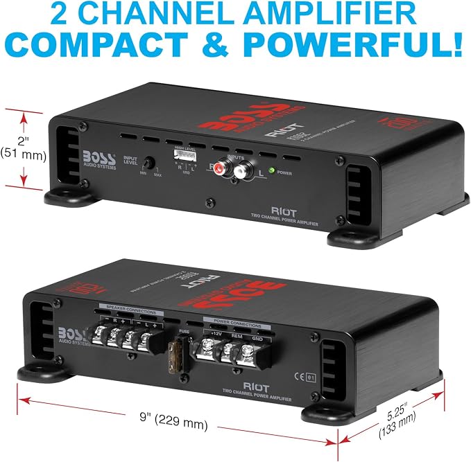 R1002 2 Channel Car Amplifier - 200 High Output, 2-8 Ohm Stable, Low/High Level Inputs, Full Range, Bridgeable, Bass for Subwoofer