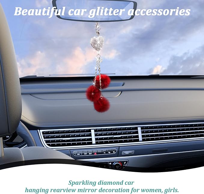 Bling Diamond Heart Car Interior Accessories, Car Mirror Hanging Ornament for Women, Love Heart & Pink Plush Ball Decor Ornament Pendant (Wine Red)