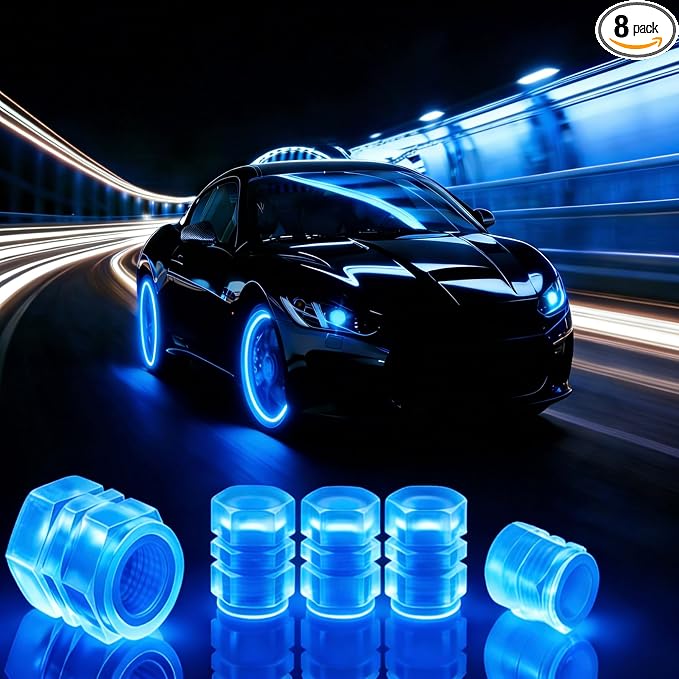 Luminous Tire Valve Stem Caps for Car, 8PCS Fluorescent Glow in The Dark Air Caps Cover，Universal Decoration Accessories for Car SUV Bicycle Motorcycles Trucks (Blue)