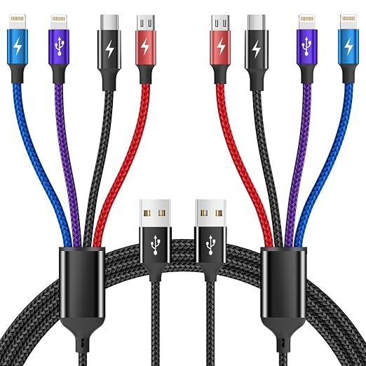 Multi Charging Cable [2Pack 5FT],Nylon Dual IP 4 in 1 Charging Cable, Multiple Charger Cord with IP/IP/Type C/Micro Port, Compatible with Most Cell Phones/Tablets and More